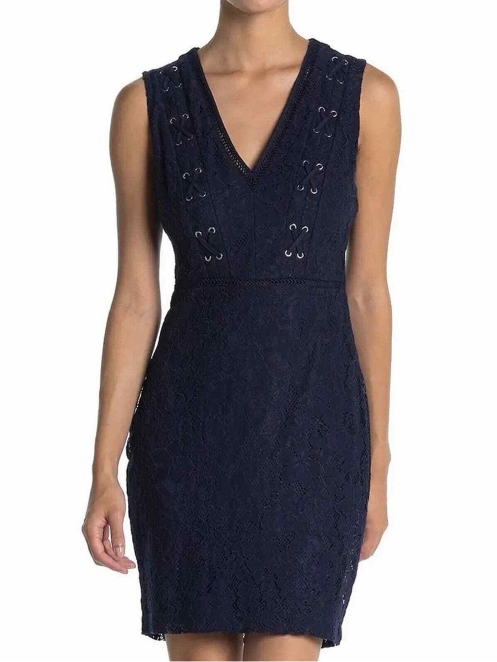 Guess Sleeveless Navy Lace V-Neck Sheath Cocktail Party Gothic Dress Size 12